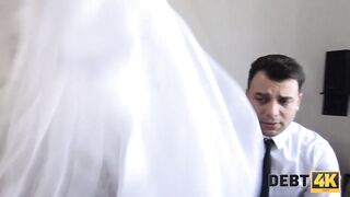 DEBT4k Debt collector bangs the bride in white suit and nylons