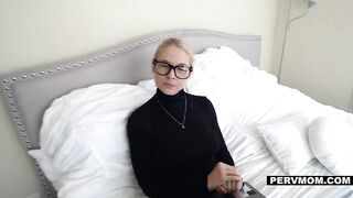 Large titted blond mommy is sucking her step- son's shlong, during the time that kneeling in front of him