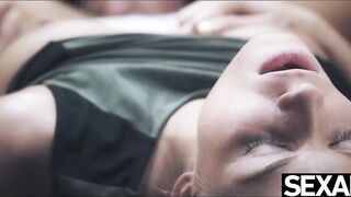 Hot lesbo with large natural boobs licks a cute blonde's snatch