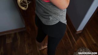 Smiling step daughter desires to try out sex with her excited step daddy, in the bedroom