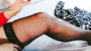 Hot step mommy puts on underware, nylons and a taut suit in high heels fetish in advance of anal sex