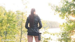Pretty Jeny Smith shocked a biker in the forest with flashing her snatch and booty. Real situation