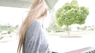 Breasty blond is showing her ample boobs in front of the camera, to a kinky stranger