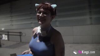 Breasty nerd redhead looks for lads to suck in a public street