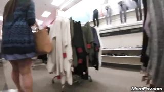 Curvaceous woman is about to get banged in the dressing room, after sucking a stranger's penis