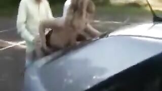 Bitch wife dogging with a lot of males in parking. Amateur