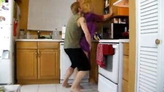 Hawt golden-haired woman got screwed in the kitchen, not knowing about a hidden camera there