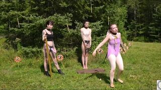 Elegant urinate drinking sunny day ballet with flogged sub and 2 sexy S&M fetish cuties
