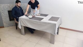 Waitress with creamy twat gets an interior spunk fountain beneath the restaurant table