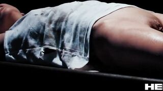 Petite honey filled up with cum with giant alien knob after pee herself