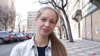 Slim German teen with blond hair, Kinuski loves to get down on her knees and suck knob