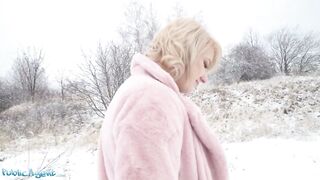 Public Agent amatuer teen with short blond hair chatted up at busstop and taken to basement to get screwed by large rod