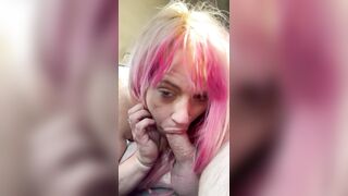 Tipsy pink hair streetwalker gives head but wakes up to let the man cum in her throat & to suck off all the cum from his penis