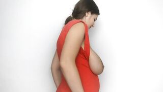 Lena Rose in Red Costume striping and showing her massive natural melons