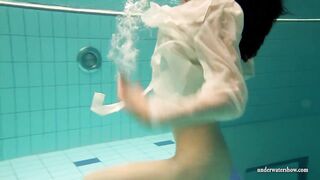 Outstanding charming euro chick large boobs and brunette hair hair underwater