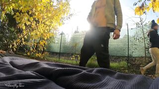 DICKFLASH in the PARK: a lewd mother i'd like to fuck can't resist to give a me a hard titty screw