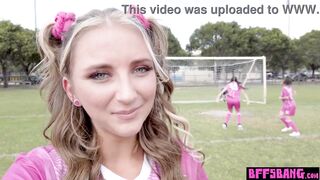 Squirter soccer teen Freya von Doom and BFFs playing with coachs large balls