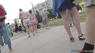 Hottie wears a-line petticoat and a g-string in upskirt mov