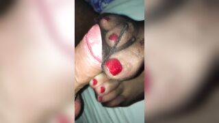 Spunk Fountain on GF hot ebony nylon stocking feet after footjob