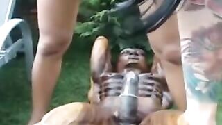 Camgirl bangs a wooden statue in her garden