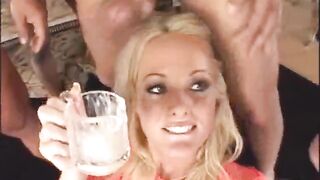 Blonde cutie drinks a lot of cum