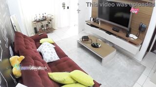 Sexy wife welcomes the TV technician in a very provocative outfit and lets him cum on her - with English subtitles