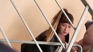 Russian hooker, hidden web camera, oral-job in stairwell