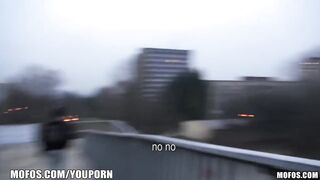 Czech redhead is paid money to flash and engulf schlong in public