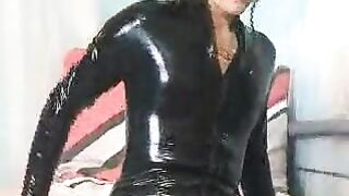 Latex catsuit + double sex-toy pants shopping tour