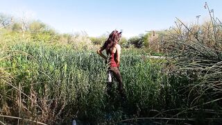 Hogwarts Wizard Schoolgirl Fur Femboy Plays with Buttplug Outdoors Public
