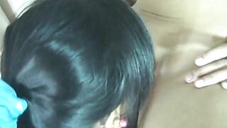 Oriental lesbian babes are sucking and giving a kiss on every others tits