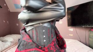 Self servitude in straitjacket and corset costume gone wrong stuck all night