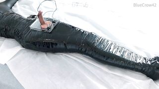femboy in catsuit and haunch boots self mummified and CBT balls punishment e-stimluation and cum