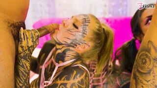 Heavily Tattooed Women Share BBC & White Schlong in Group Mayhem