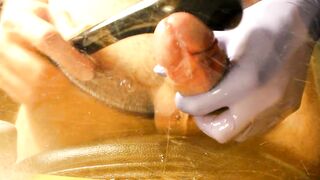 Thick Spunk fountain on Glass Close up After Edging My Ramrod with a Sextoy